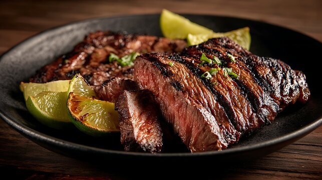 Mexican carne asada steak grilled to perfection, served on a matte black plate with charred lime wedges