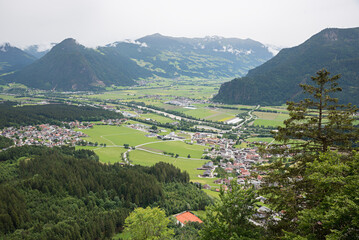 The Zillertal flows into the Inntal valley, view from the Kanzelkehre road