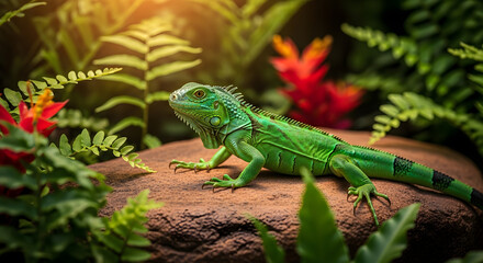Young iguana sunbathing on a rock in a tropical environment, high resolution, sharp details
