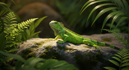 Young iguana sunbathing on a rock in a tropical environment, high resolution, sharp details