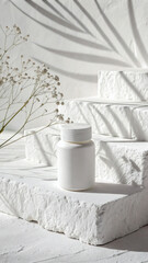 Matte White Supplement Jar on Textured White Plaster with Minimal Shadows
