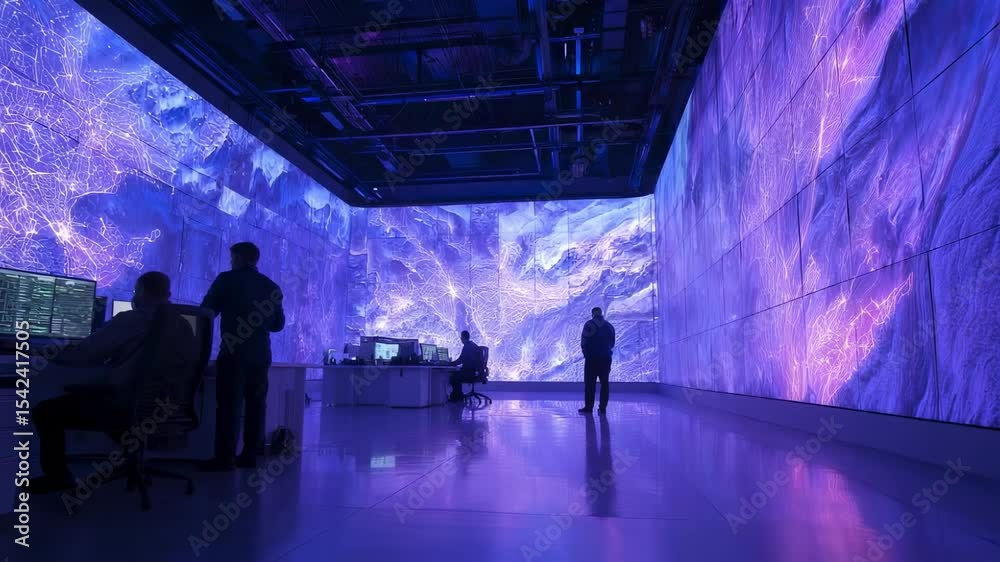 Poster engineers working in a high tech control center analyze data on a large screen displaying a global n
