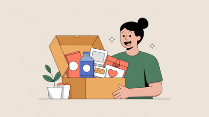Happy woman showing a diverse product box, likely a subscription or gift box delivery.

