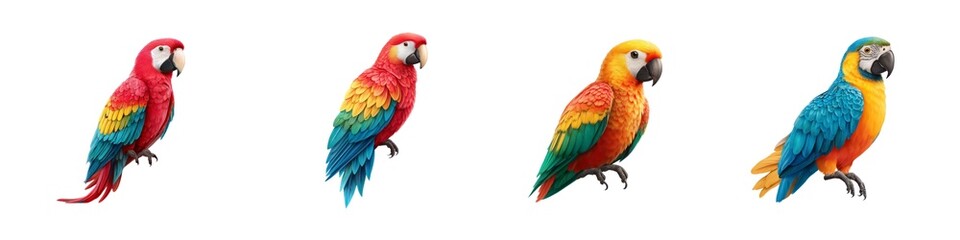 Fototapeta premium Set of Vibrant Parrots with Multicolored Feathers isolated on transparent background