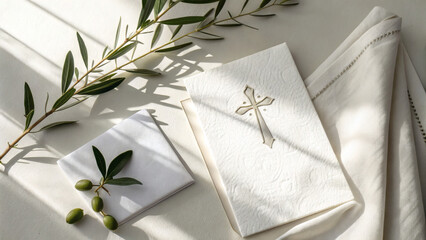 Minimalist Baptism Invitation Mockup with White Linen and Olive Branch
