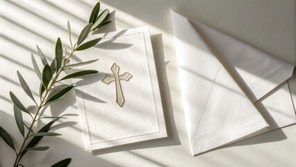 Minimalist Baptism Invitation Mockup with White Linen and Olive Branch
