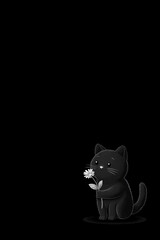 Obraz premium Black and White Chibi Cat Holding a Tiny Flower in a Minimalist Vertical Design