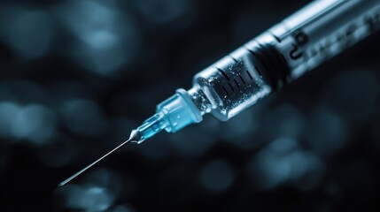 A close-up image focusing on a medical syringe filled with clear liquid, showcasing its precision and clarity, and highlighting the themes of healthcare and medical applications.