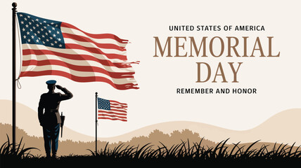 silhouette of a soldier saluting american flag with memorial day text remember and honor tribute to veterans on usa national holiday