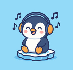 Cute penguin listening to music with headphones cartoon vector icon illustration animal fun leisure icon isolated flat