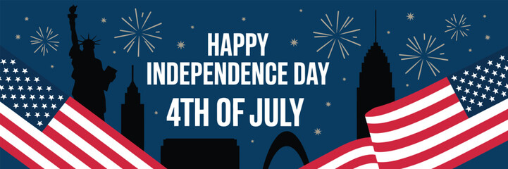 Obraz premium happy independence day 4th of july celebration banner with american flag, fireworks, and famous usa landmarks in night skyline