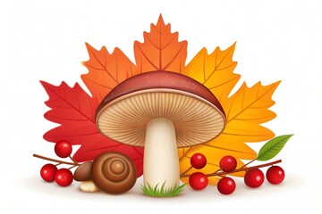 Vector composition of hand drawn forest mushroom with fall leaves, snail, cranberry