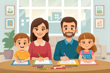 happy family mother father and kids draw together at home
