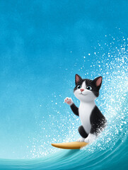 Obraz premium Black and White Cat Riding a Wave on a Surfboard With Playful Energy in a Sunny Ocean Setting
