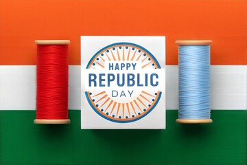 Happy republic day message greeting with tricolour spools of thread