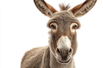 Obraz premium Charming donkey stands out against a clean white background showcasing its unique features and friendly expression in a tranquil setting