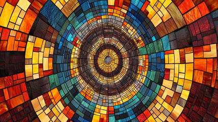 Fototapeta premium Vivid stained glass mosaic design in radial symmetry pattern