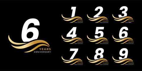 Set of modern vector logo designs for 1 years to 9 years anniversary with waves, in gold color for celebrations, weddings and birthdays
