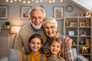 Obraz premium Happy Grandparents Welcoming Adorable Grandchildren Home 