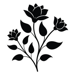 Elegant Black Silhouette of Roses and Leaves Floral Illustration