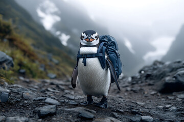 Penguin Hiker with Backpack in Mountains - Adventurous Animal