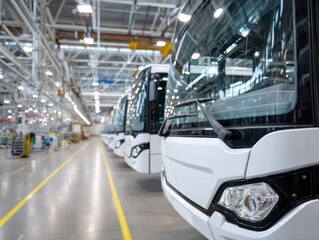 Obraz premium Row of new white buses in spacious factory, modern bus assembly plant, close-up view of bus headlights.
