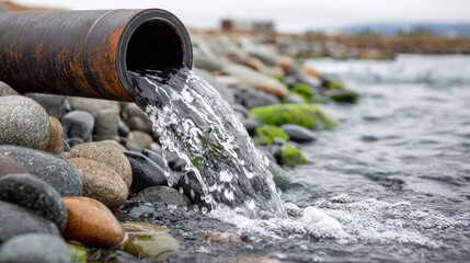 Water flows from a large pipe onto rocks, beside a flowing stream, water pollution discharge into river.