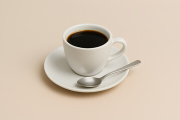 A simple white coffee cup filled with black coffee and a spoon on a saucer, set against a soft beige backdrop..