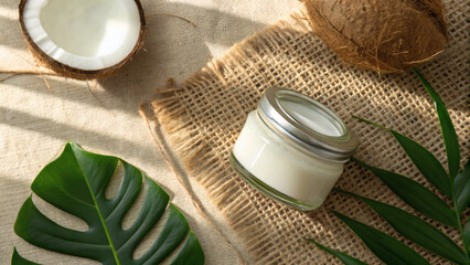 Coconut Oil Jar with Label Mockup and Natural Fiber Background
