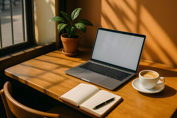 Warm-toned home office desk with laptop, notebook, coffee, and plant by a sunlit window, perfect for remote work..