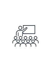 Fototapeta premium Minimal Line Icon of Instructor Giving Presentation to Group Audience with Whiteboard in Business Training or Educational Seminar