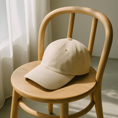 Neutral-colored baseball cap resting on a natural wooden chair in soft daylight near a white curtain..