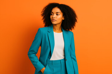 Portrait of a stylish woman wearing a teal pantsuit and white top, standing confidently against a bold orange backdrop..
