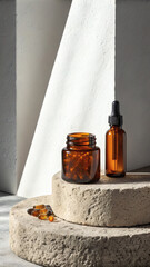 Vitamin Capsules in Glass Jar with Dropper Bottle on Textured Stone
