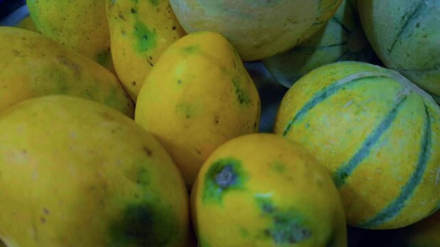 A closeup shot captures Muskmelon Kharbuja alongside mangoes, with the camera panning to highlight their freshness.