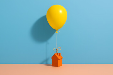 Minimal scene with a yellow balloon tied to a small orange house model, casting shadow on blue background..