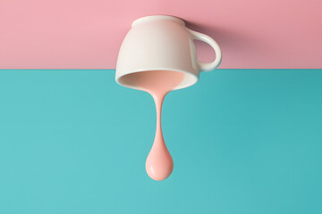 White ceramic mug hanging upside down, pouring thick pink liquid against a split pink and teal background..