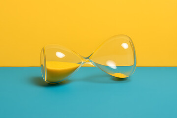 Glass hourglass filled with yellow sand lying sideways on a vibrant yellow and blue surface, symbolizing time and balance..