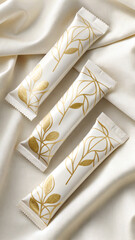 Luxury Sachets with Gold Foil Print on Off-White Linen Background
