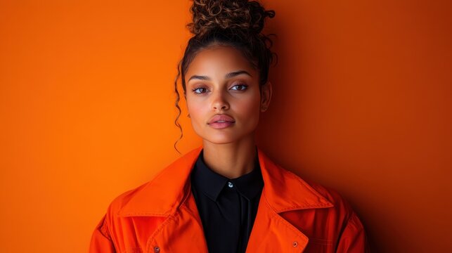 A striking portrait of a young woman with curly hair, set against a vibrant orange background, capturing beauty and confidence in a modern aesthetic.