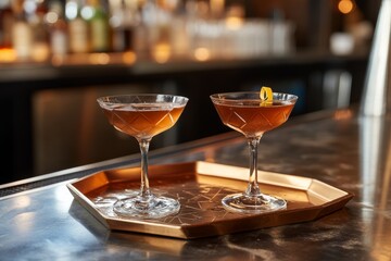 Naklejka premium Elegant cocktails on gold tray at sophisticated bar setting