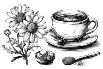 Detailed chamomile illustration set with blossoms, stems, leaves, tea cup, and herbal ingredients. Ink line botanical art for wellness or organic branding. Ultra HD