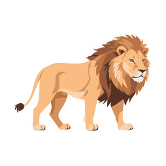 Realistic and Stylized Digital Artwork of a Majestic Lion Standing Proudly in Full Profile with Vibrant Colors on white background