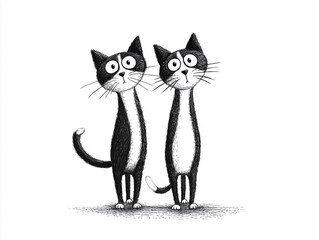 Fototapeta premium Quirky Illustration of Two Black and White Cats With Playful Expressions Standing Side by Side in Minimalistic Style