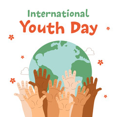 Colorful hands of diverse youth raised up around the globe celebrating International Youth Day. Unity, diversity, equality and hope for the future.