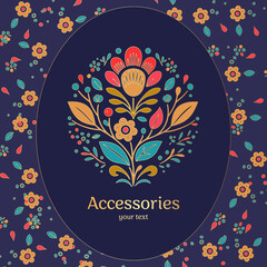 Colorful emblem with flower and leaves. Can be used for jewelry, beauty and fashion industry. Great for logo, monogram, invitation, flyer, menu, background, or any desired idea.