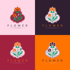 Colorful emblem with flower and leaves. Can be used for jewelry, beauty and fashion industry. Great for logo, monogram, invitation, flyer, menu, background, or any desired idea.