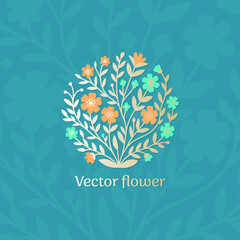 Colorful emblem with flower and leaves. Can be used for jewelry, beauty and fashion industry. Great for logo, monogram, invitation, flyer, menu, background, or any desired idea.