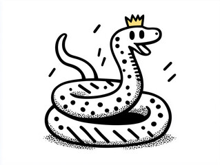 Naklejka premium Cartoon Snake Curled in a Spiral Wearing a Crown and Smiling Happily in a Playful, Whimsical Style