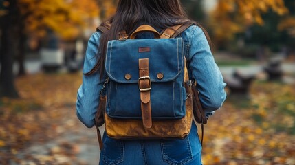 Woman with Backpack in Autumn Park